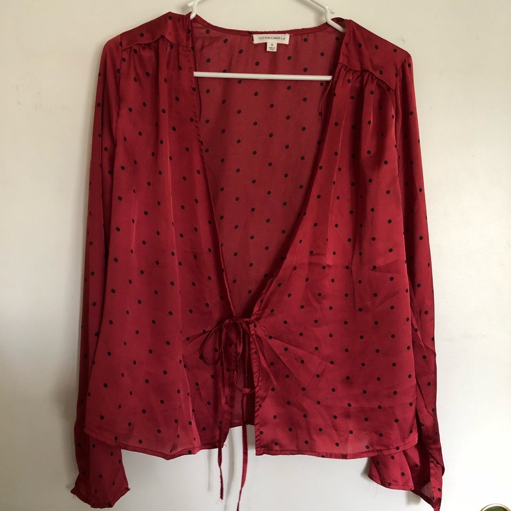 Nasty gal burgundy polka dot tie front top